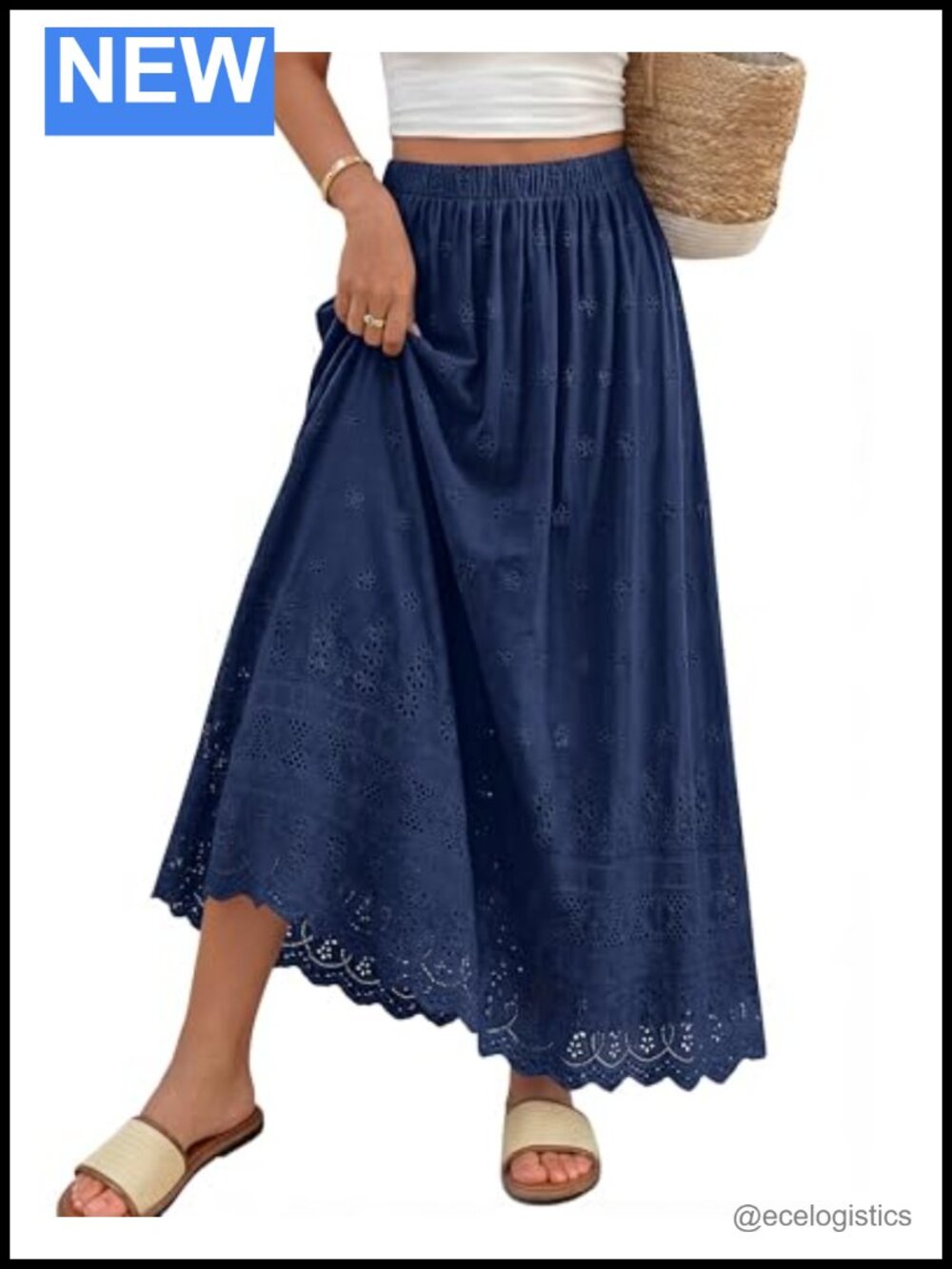 Boho A-Line Maxi Skirt Cotton Eyelet Floral Embroidery Lace Hem Women Flowy Long